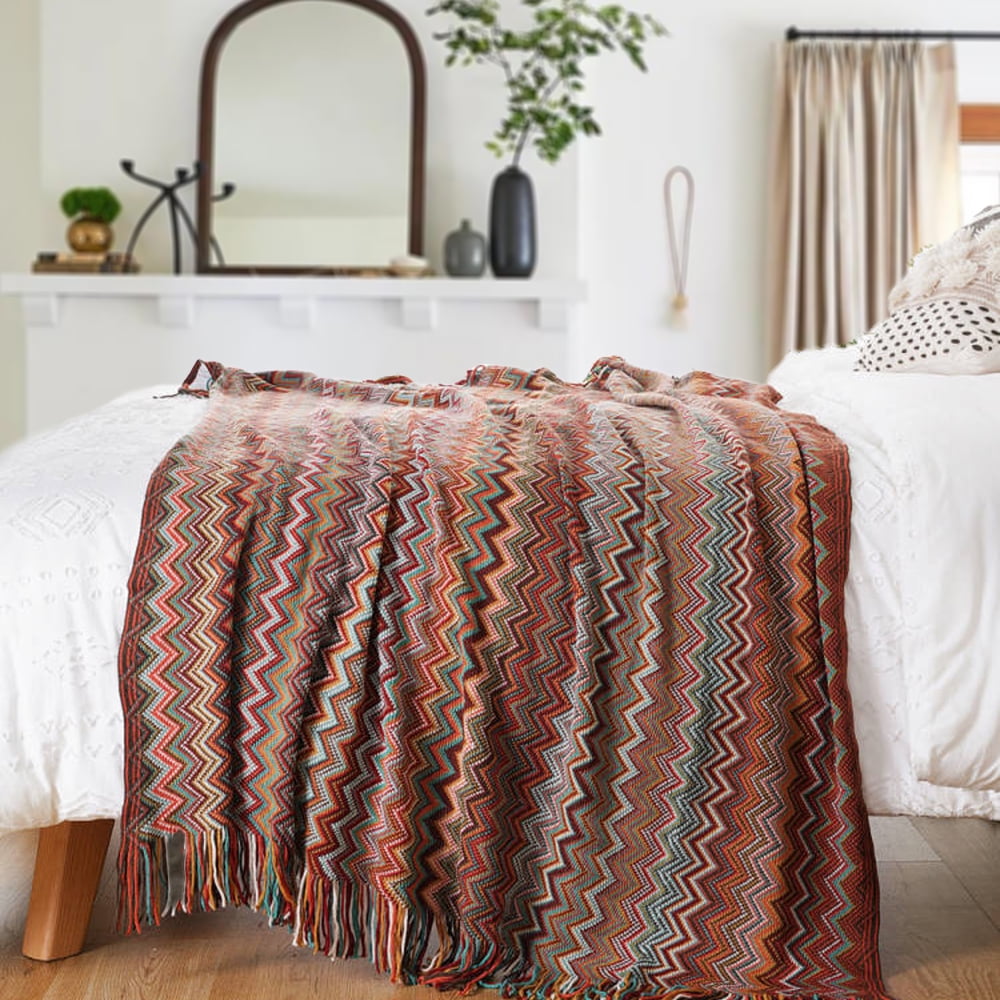 Battilo Rust Red Throw Blanket for Couch,Lightweight Mexcian Afgan Blanket,Boho Decorative Throws, 50"x60"