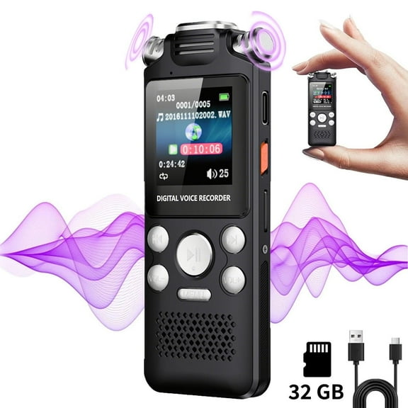 Wiher Portable Digital Voice Recorder With Playback Function 32GB Voice Activated Recorder Password Protection Noise Reduction MP3 Type-C for Lectures, Meetings Device, Interviews