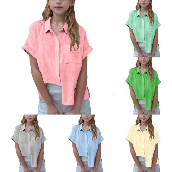 KIDS Shirt Short Sleeved Pleated Button Up Shirt for Spring and Summer Casual Loose and Lightweight Top Kids Dance Tops Girls 5-6 Years