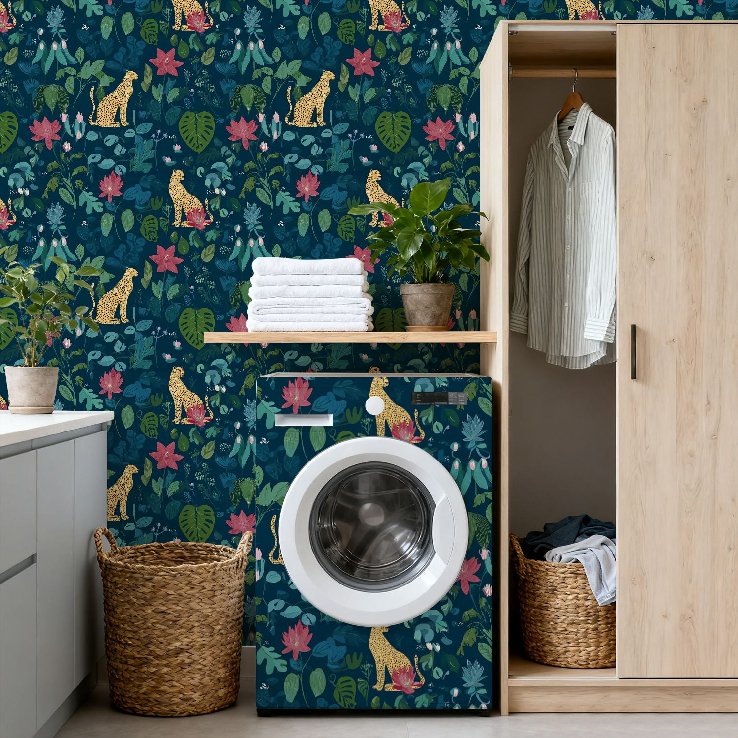 Cheetah Peel and Stick Wallpaper 17.7in x 9.8ft Leopard Tropical Flowers Greenery Dark Contact Paper Vinyl Waterproof Self Adhesive Wall Paper for Bedroom Shelf Cabinet Renter Friendly