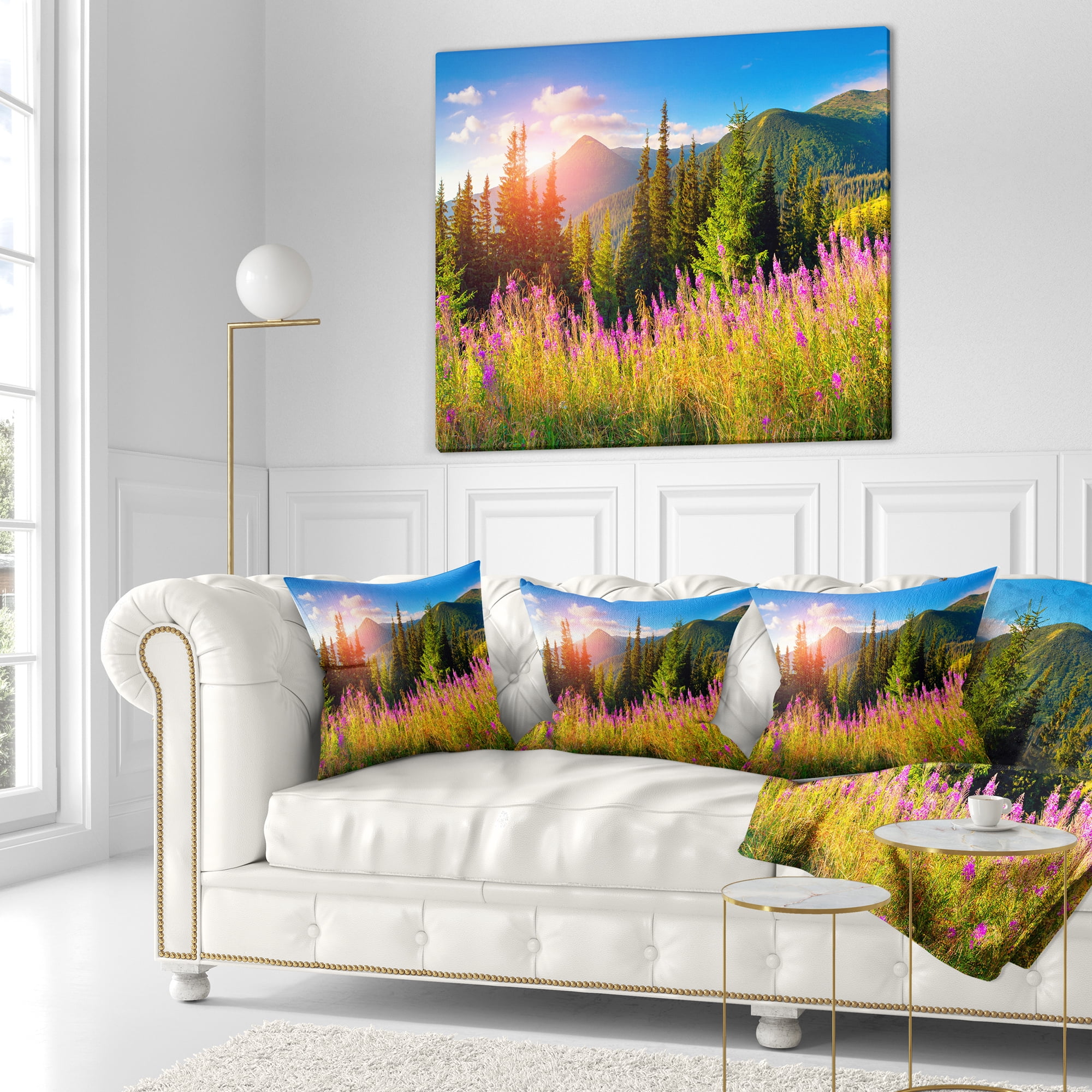 Designart Mountains with Pink Flowers - Floral Throw Pillow - 18x18