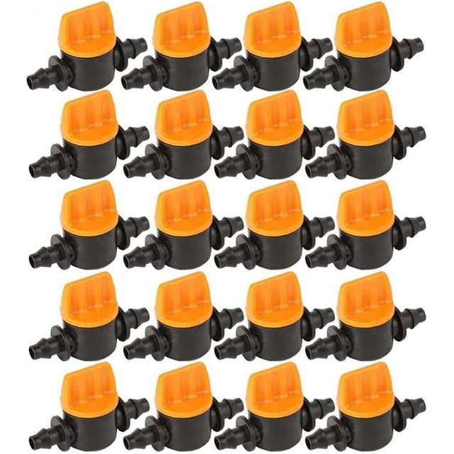 20 pieces of irrigation tube valves, featuring 1/4 inch barbed shutoff valves with orange handles and black plastic construction. Ideal for controlling water flow in drip irrigation systems, gardens, greenhouses, lawns, and bathroom irrigation setups. Lightweight, durable, and leak-proof, compatible with PE pipes and fresh water pipes.