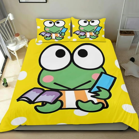Frog Keroppi Themed Bed Sheet Set Three Piece Set 53x79 Inches Comfortable And Skin Friendly Unique Design Creating A Star Studded Night