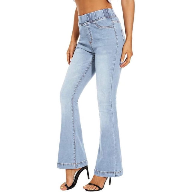 Pantalones vaqueros con parte inferior de campana para mujer, pantalones vaqueros acampanados de cintura alta rasgados con cintura elástica, pantalones vaqueros ajustados elásticos con dobladillo crudo 254-blue8