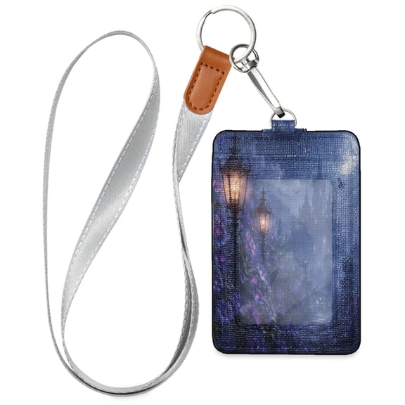 PU Leather Badge Holder Lightweight ID Card Holder with Window Pocket Hazy and Magical Moonlit Scene