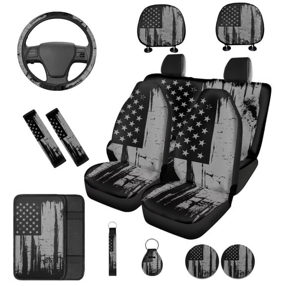 Binienty 14 Pieces Black American Flag Car Seat Covers Full Set with Steering Wheel Cover Armrest Pad Cup Coasters Keychain for Cars SUV Truck Van Universal Automotive Interior Accessories