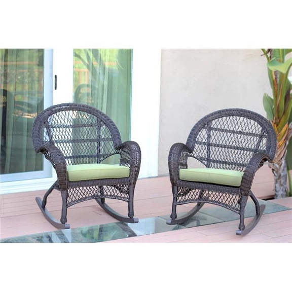 W00208-R-2-FS029-CS Espresso Wicker Rocker Chair with Green Cushion - Set of 2