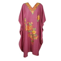 Mogul Women Peach Embellished Kaftan Dress Floral Embroidered Kimono Sleeves Resort Wear Housedress One Size