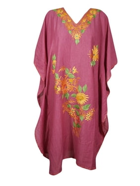 Mogul Women Peach Embellished Kaftan Dress Floral Embroidered Kimono Sleeves Resort Wear Housedress One Size