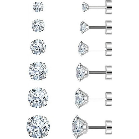 Knubmt 6 Pairs 316L Steel Stud Earrings Cubic Zirconia Studs Earrings Flat Back Earrings for Women Men, Silver