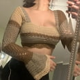thumbnail image 1 of Qiylii Women's Crochet Knit Mesh Sweater Square Neck Long Sleeve Color Block Pullover Crop Tops Blouse Tops, 1 of 1