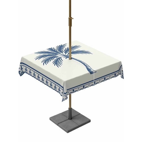Square Outdoor Tablecloth with Umbrella Hole Navy Blue Palm Tree Outside Table Cloth Waterproof Patio Table Cover Summer Tropical Plants Leaves Zipper Tablecloths for Picnic Party Camping 54x54 Inch