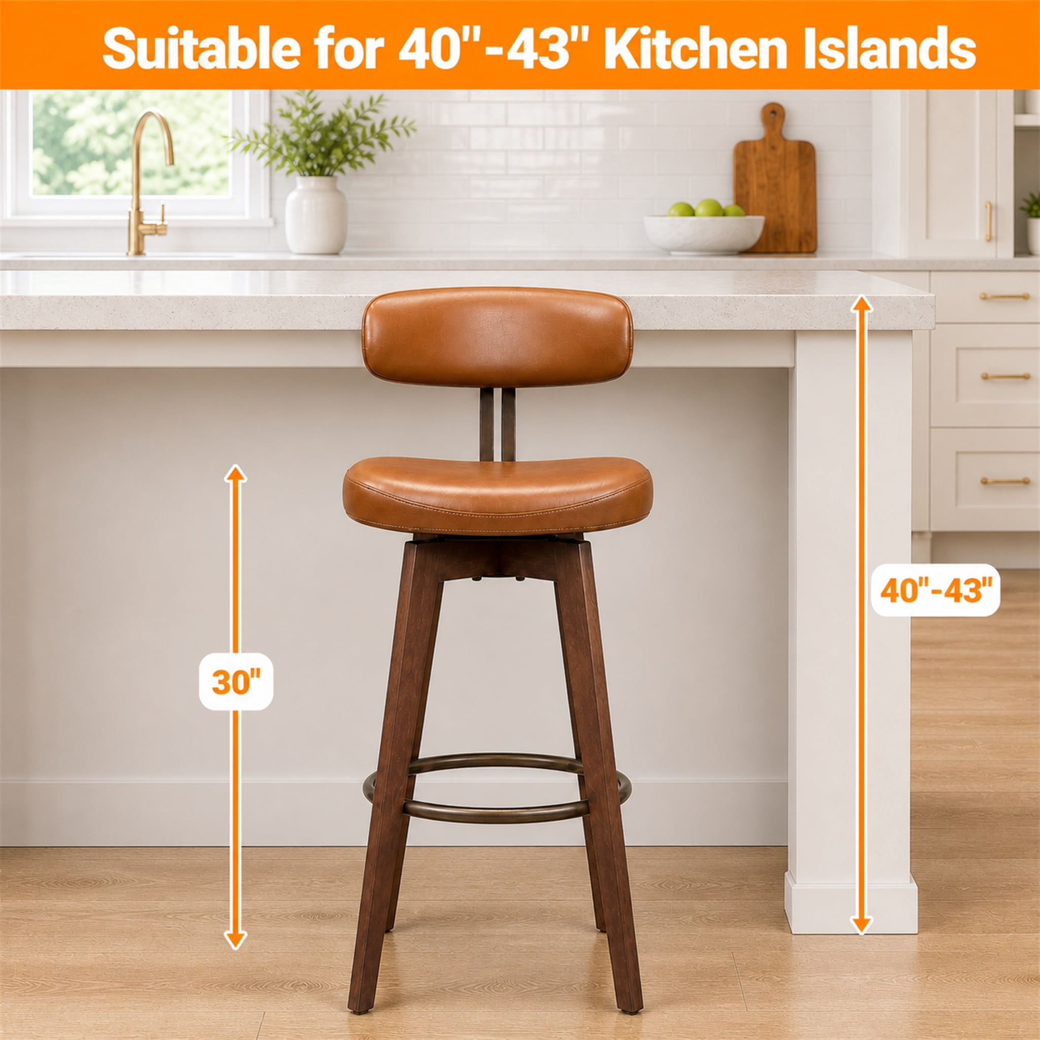 TrumanPick 30" Swivel Bar Stools Set of 2, Brown Faux Leather Counter Height Swivel Barstool with Back & Solid Rubberwood Legs, Counter Stools for Kitchen Island Pub