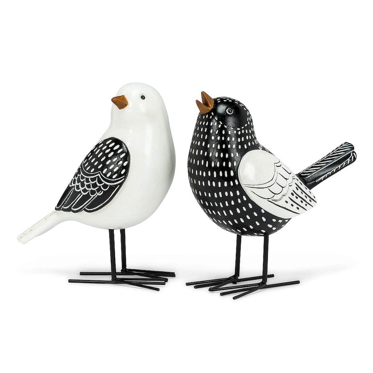 Ensemble de 2 Sculptures d'Oiseaux Style Folklorique Noir et Blanc