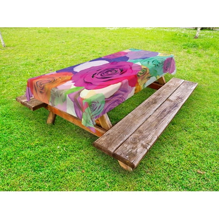 

Art Outdoor Tablecloth Lovely Floral Arrangement with Vivid Roses Nature Flowers Botany Love Print Decorative Washable Fabric Picnic Table Cloth 58 X 84 Inches Magenta Turquoise by Ambesonne
