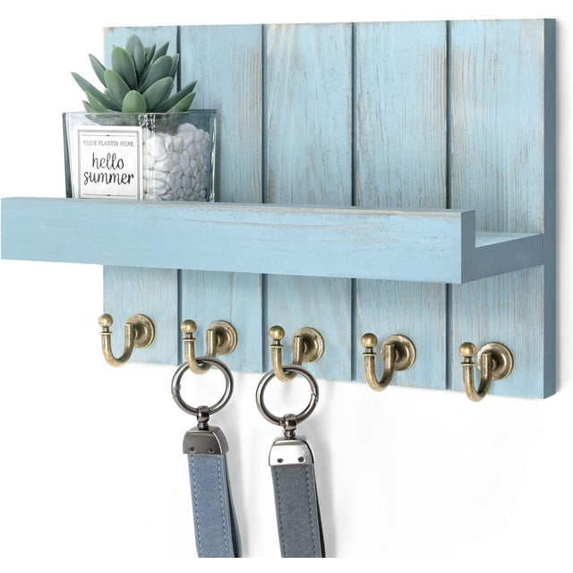 Key Holder for Wall - Farmhouse Rustic Mail Organizer Floating Shelf for Home Kitchen Entryway Decor with Sturdy Key Hooks (Retro )