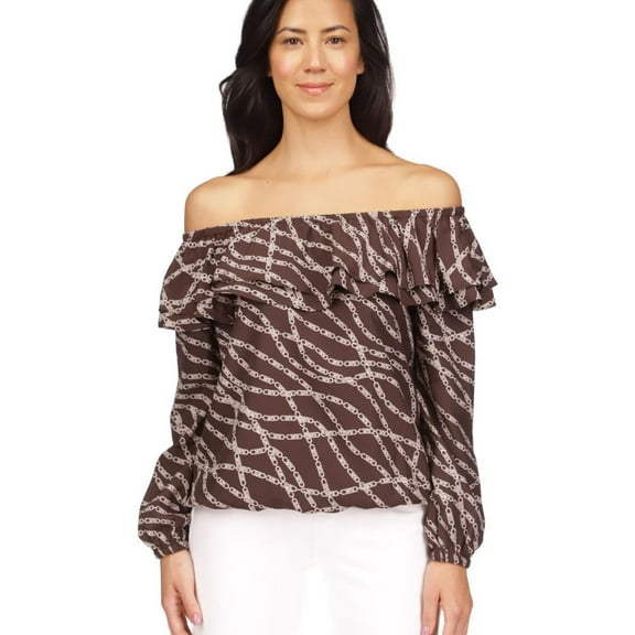 Michael Kors Womens Printed Off the Shoulder Blouse, Brown, Petite, PP/PXS