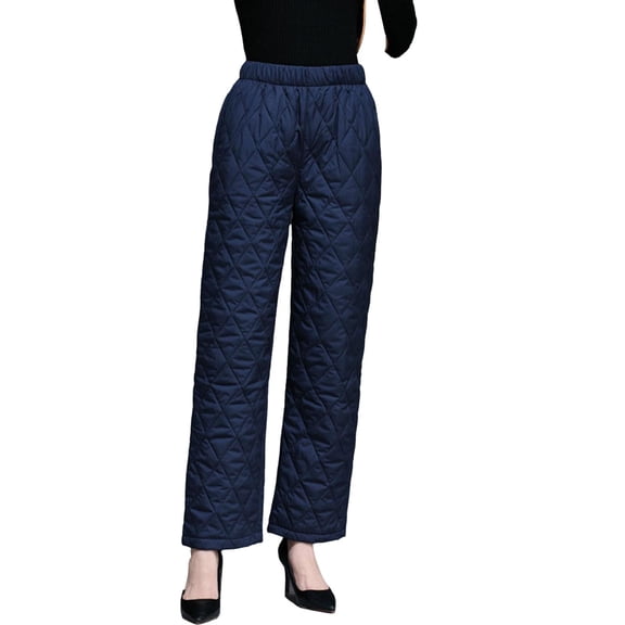 Quixlent Autumn Winter Cotton Pants Rhombus Quilted Straight Wide Leg Long Pants with Pockets Solid Color Thickened Warm Trousers