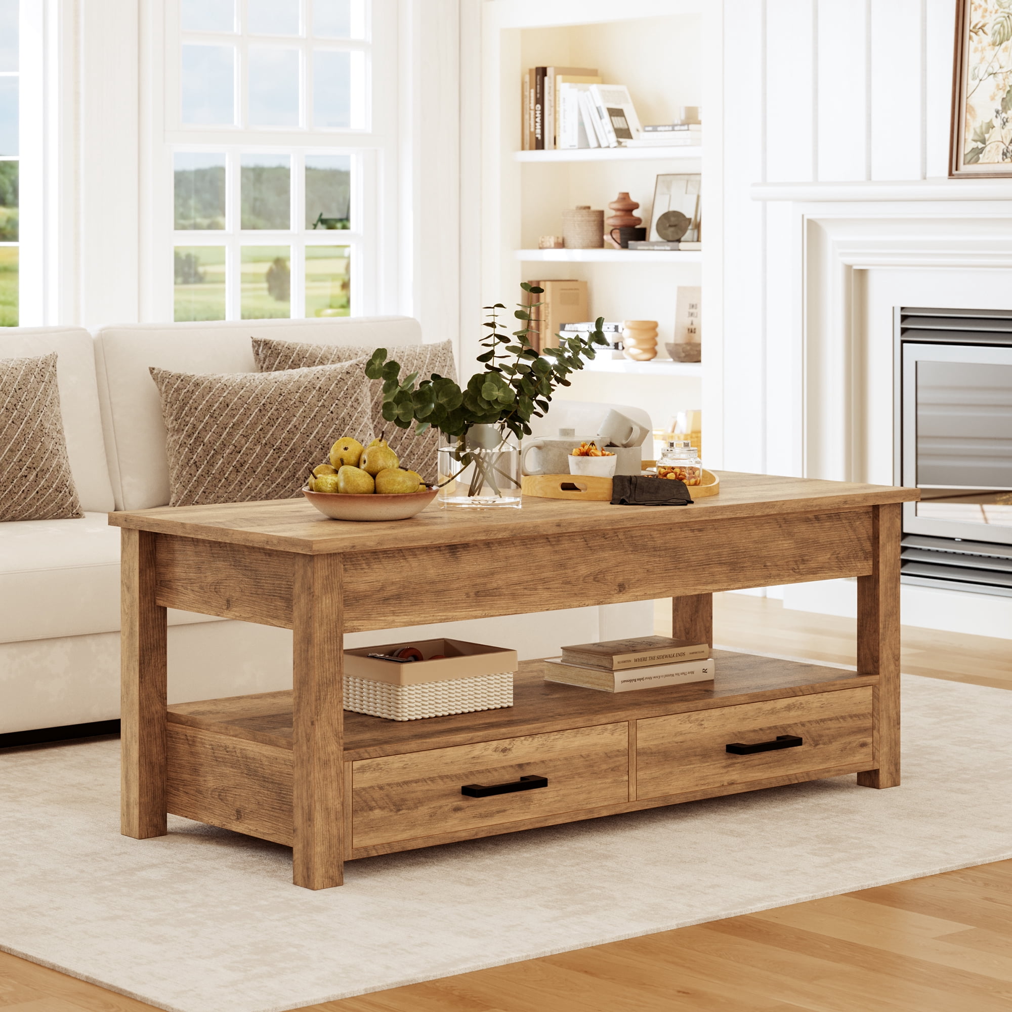 GUNAITO Lift Top Coffee Table with 2 drawers, Light Brown Wooden Convertible Coffee Table with Storage for Living Room, center Table, 42"