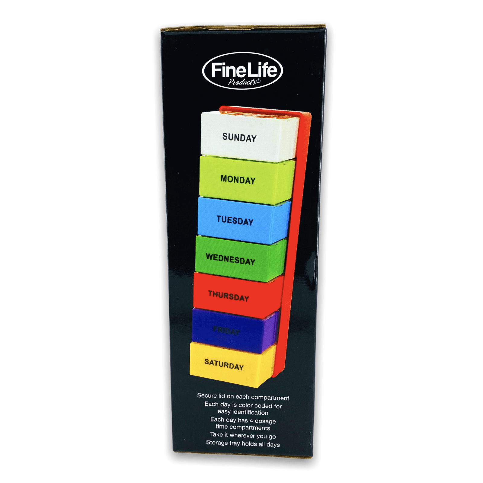 Fine Life Products 7-Day Color Coded 4 Dosage Deep Compartment Pill Organizer Great for Pills and Vitamins, Red Tray