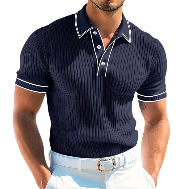 Camisas Casuales de Manga Corta de los Hombres de 3 Botones con Collar de Solapa, Blusa de Verano Transpirable