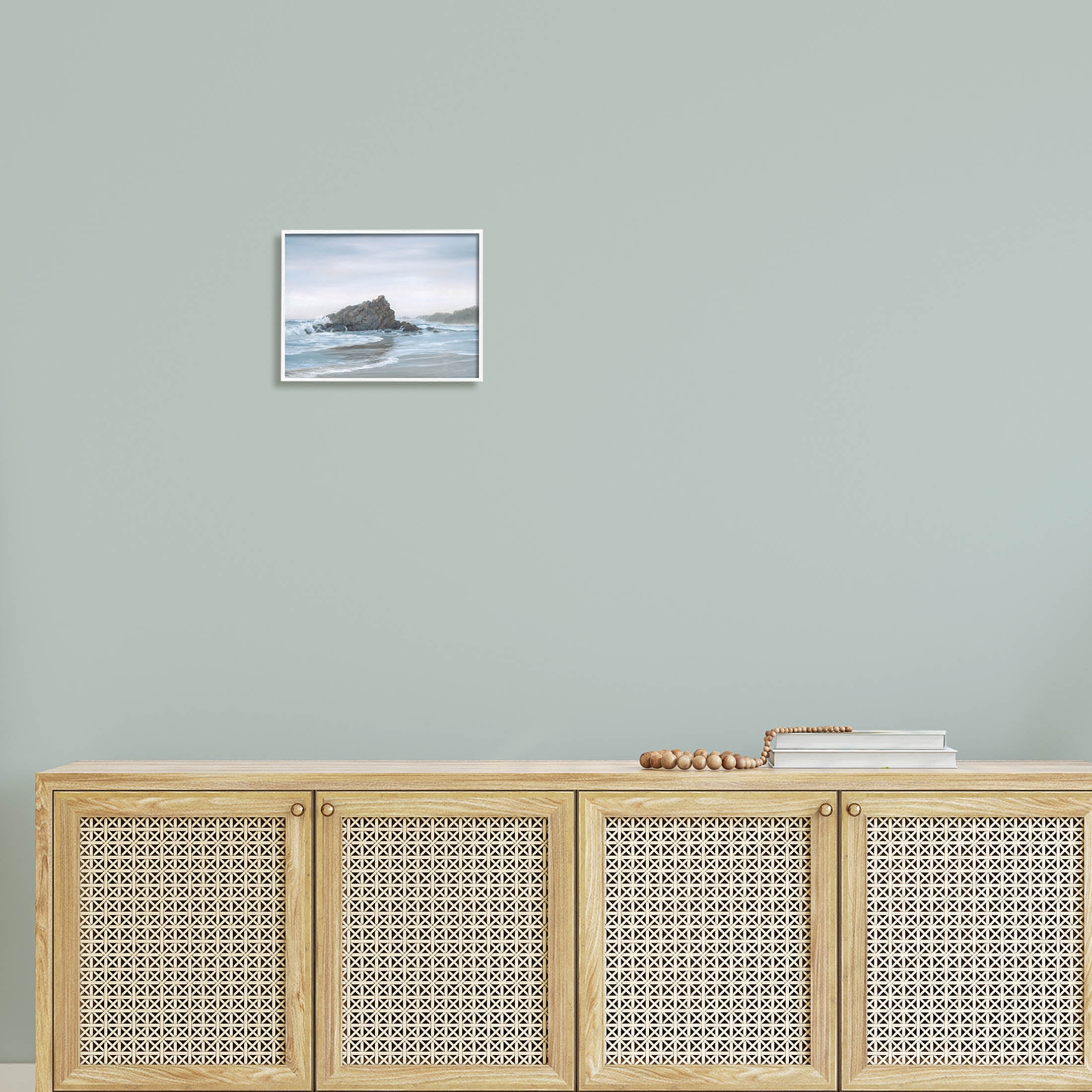 Crashing Waves Rocky Beach Coastal Painting White Framed Art Print Wall Art