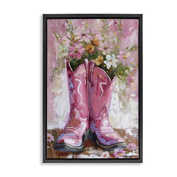 Stupell Industries Southwestern Floral Boots Pink Cowgirl Black Floating Frame Canvas Art, 17 x 25, by LSR Design Studio