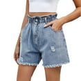 thumbnail image 2 of Xixinqiwan No Boundaries Women's High Waist Denim Shorts Elastic Waist Button Straight Leg Raw Hem Jean Shorts Summer Hot Pants with Pockets, 2 of 6
