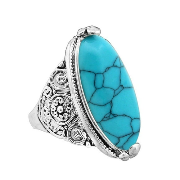 Visland Women Boho Vintage Oval Turquoise Antique Silver Plated Carving Ring Jewelry