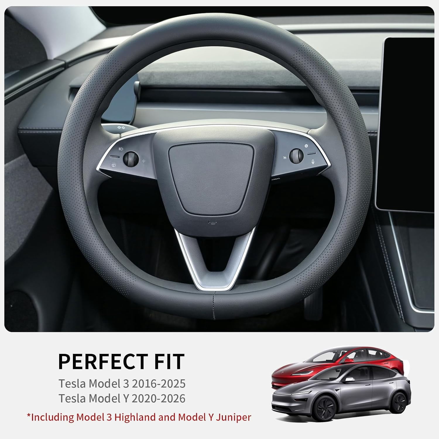 Nappa Leather Steering Wheel Cover Compatible with Tesla Model 3/Y 2016-2025 2026 Juniper/Highland, Non-Slip Breathable Model 3/Y Steering Wheel Protector, Black