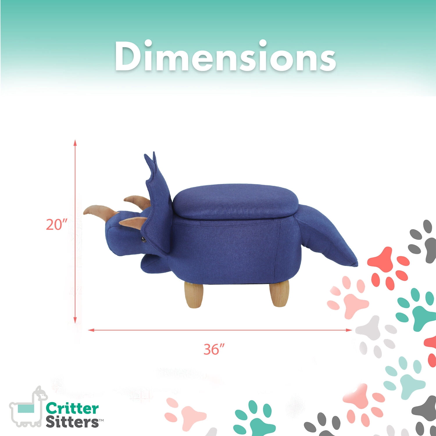 Critter Sitters 15-In. Seat Height Denim Blue Triceratops Dinosaur Animal-Shaped Storage Ottoman for Nursery, Bedroom, and Playroom