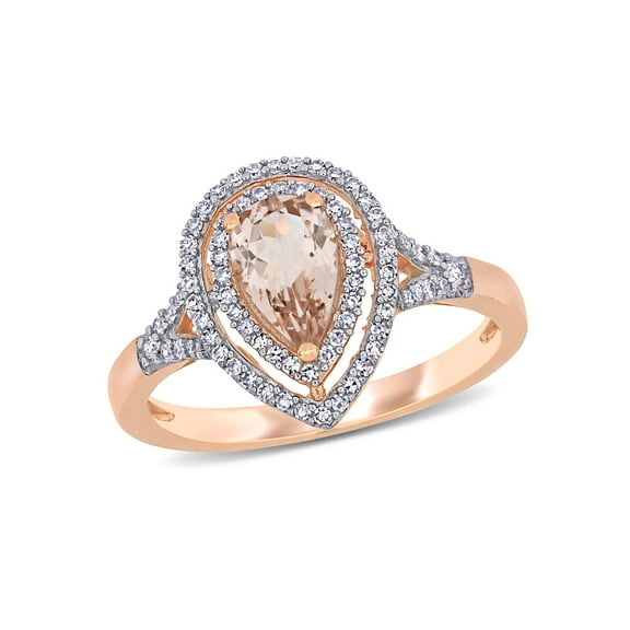 5/8 Carat (Ctw) Pear Drop Morganite Double Halo Ring in 14K Rose Gold with Diamonds for Women