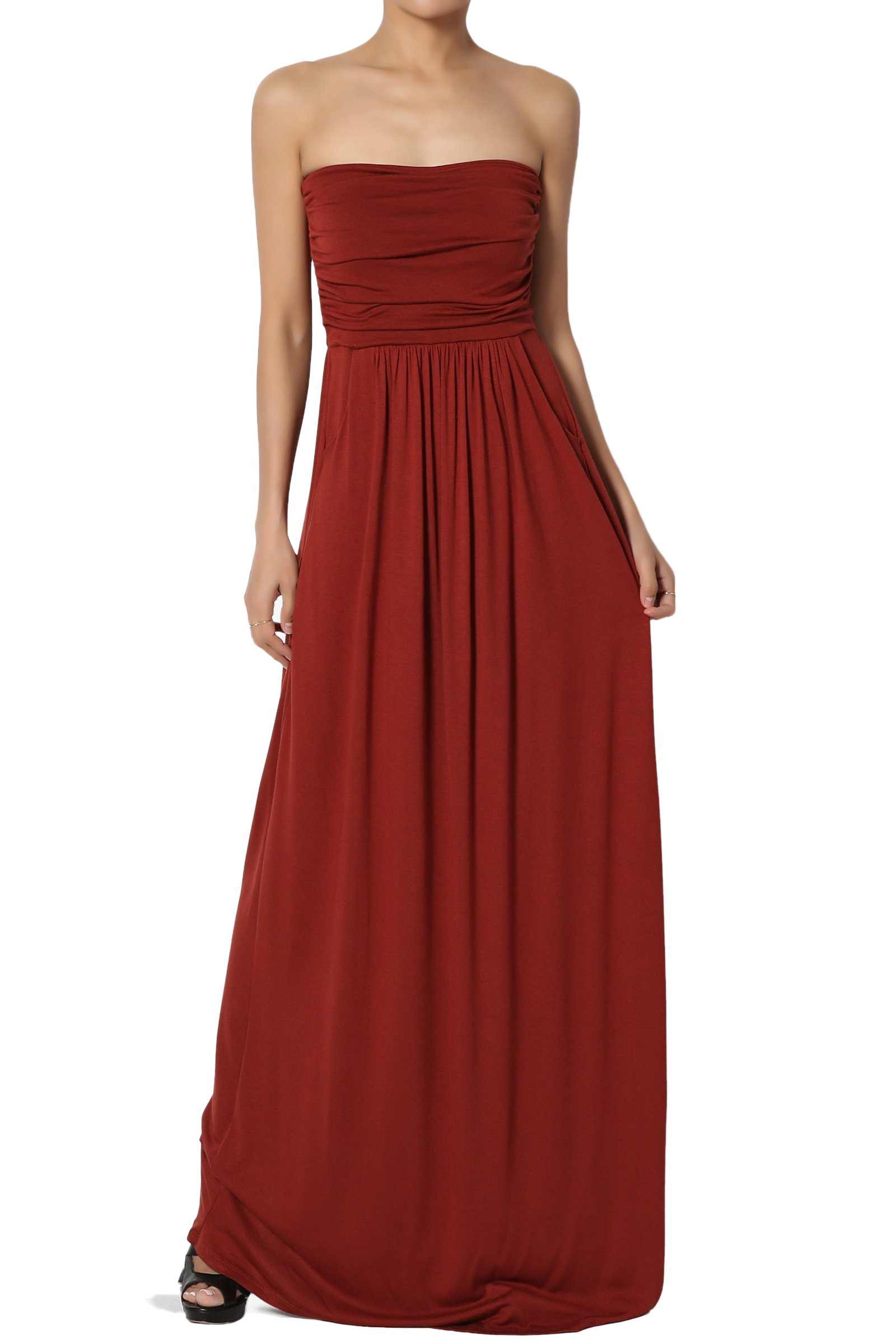 TheMogan Women's Strapless Ruched Pocket Maxi Dress Tube Top Long Skirt