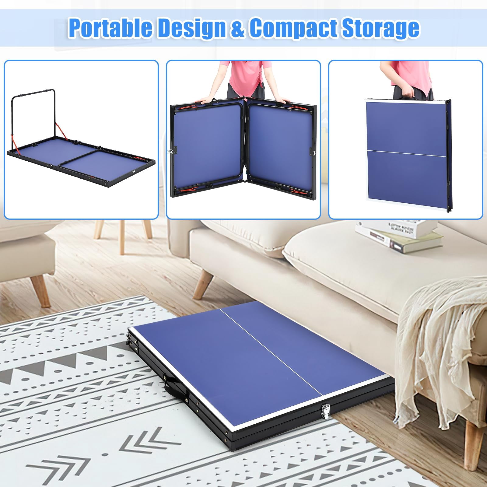 Portable Ping Pong Table, Foldable Table Tennis Table with Net & 2 Paddles & 3 Balls, Portable Ping Pong Family Game Tables for Outdoor Indoor, 54 x 30 x 27 inch, Blue
