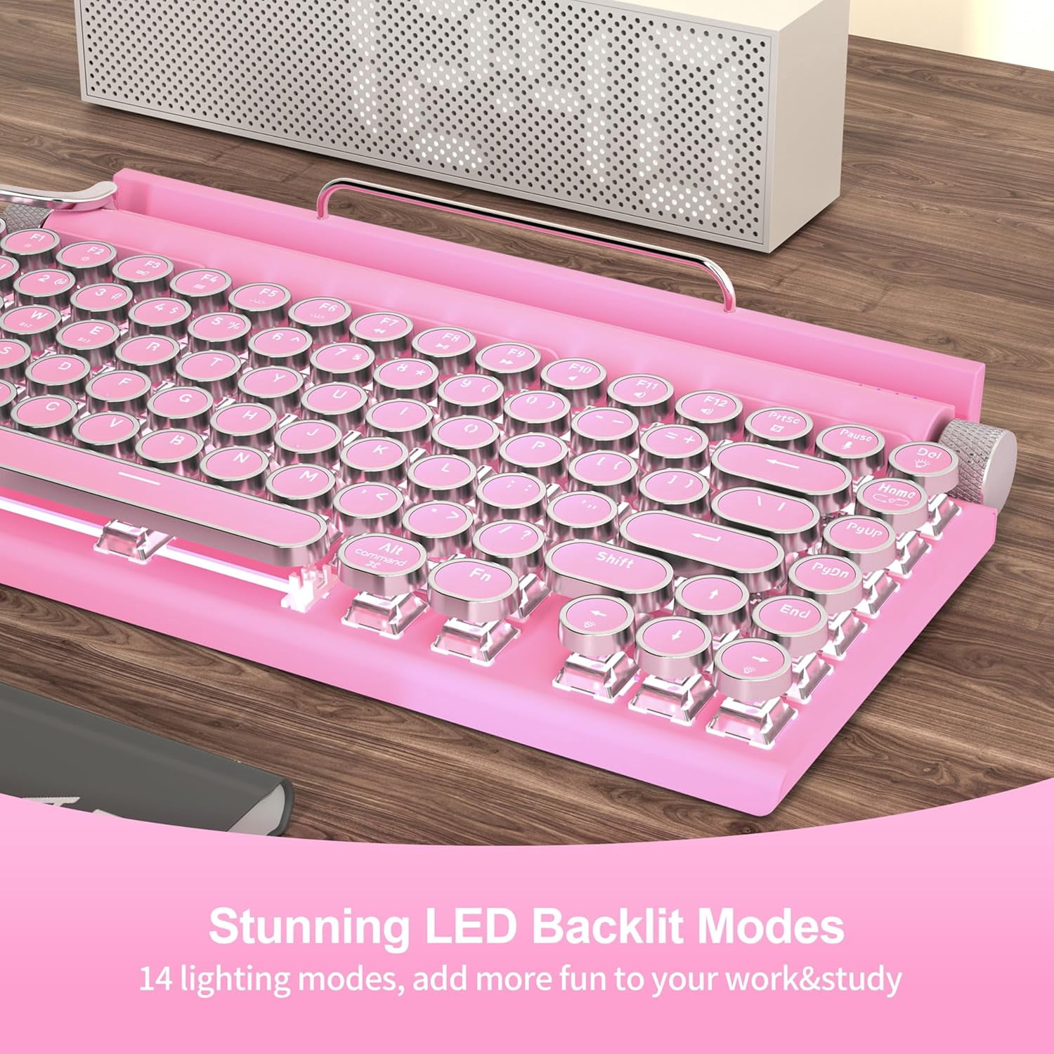 Retro Typewriter Wireless Mechanical Gaming Keyboard, Bluetooth 5.0 Office Computer Vintage Keyboards 83-Key Blue Switches Punk Round Keycap, LED Backlight, Compatible with PC/Laptop/Pad/Phone, White