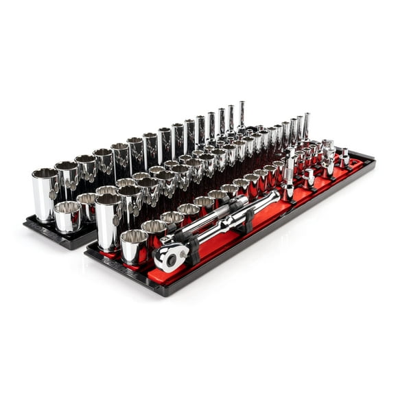 TEKTON 3/8 Inch Drive 12-Point Socket and Ratchet Set with Rails, 74-Piece (1/4-1 in., 6-24 mm) | SKT13302