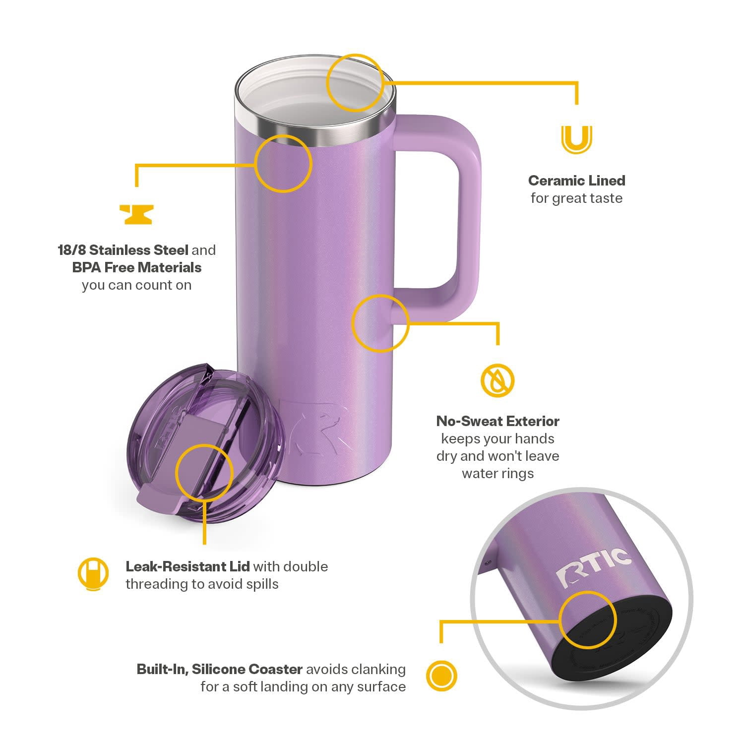 RTIC 20 oz Ceramic Lined Insulated Road Trip Travel Mug with Leak-Resistant Lid, Lavender Glitter
