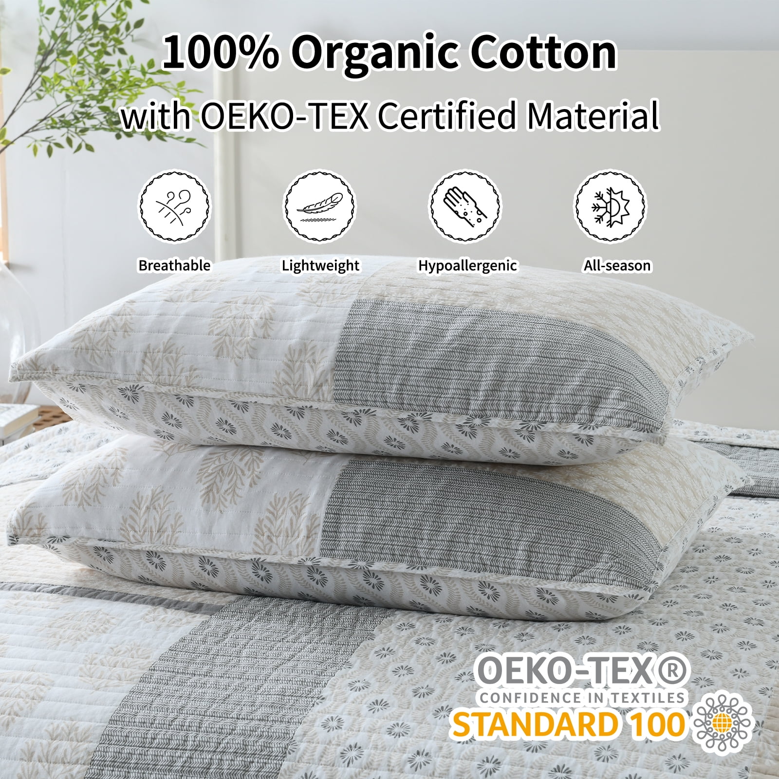 Bedduvit Beige Gray King Size Quilt - 100% Organic Cotton Floral Real-Patchwork Plaid Reversible Quilted Bedspread for King Size Bed, Modern Farmhouse Lightweight All-Season 3-Piece Comforter Set