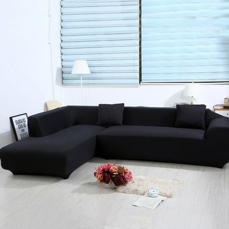 - Universal Sofa Cover for L Shape, 2pcs Polyester Fabric Stretch Slipcovers + 2pcs Pillow Covers for Sectional sofa L shape Couch (Black)