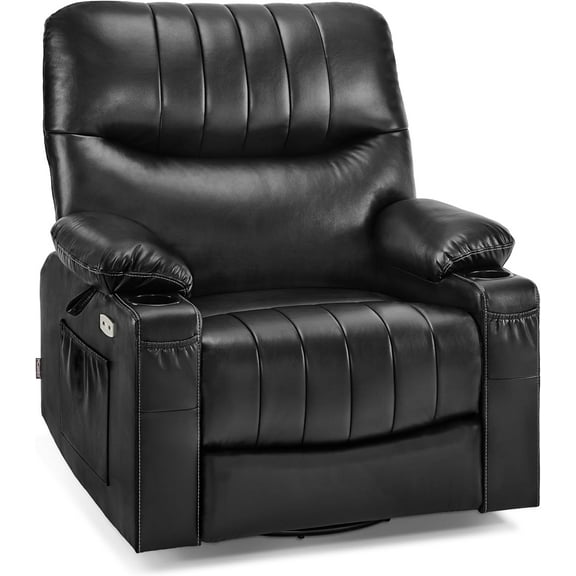 MCombo Power Recliner, Electric Swivel Glider Rocker Recliner Chair for Nursery with Vibration and Heat, USB Ports, Cup Holders and Pockets, Faux Leather 7785