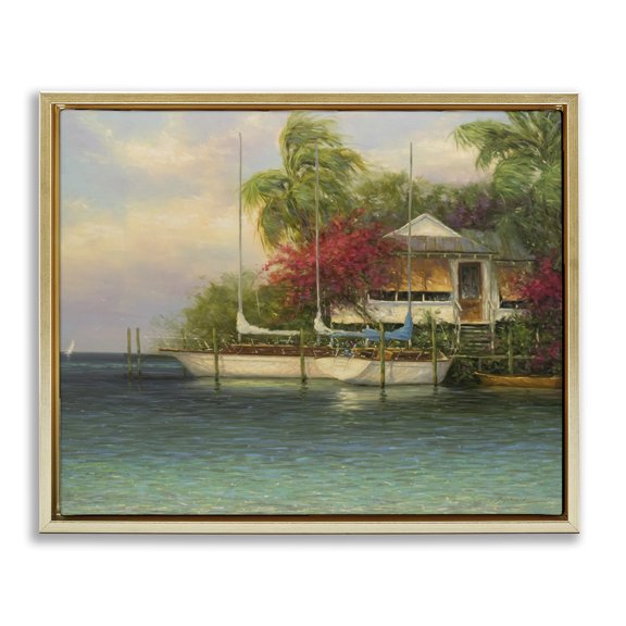 Stupell Industries Coastal Tropical Boats Waterfront Scenery Gold Floating Frame Canvas Art, 21 x 17, by Martin Figlinski