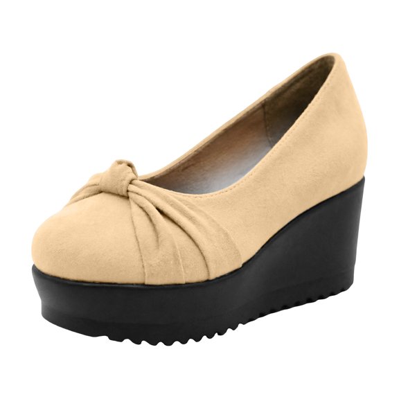 CYMMPU Women's Ruched Bow Platform Wedge Pumps, Closed Toe Slip On Wedge Shoes, Comfort Footwear for Party, Concert and Daily Casual Wear Beige 41