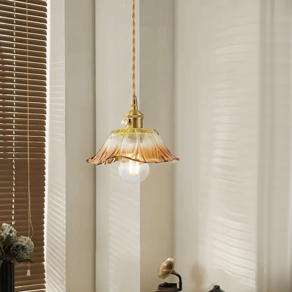 7.09" Vintage Glass Pendant Light, Brass Finish Hanging Lamp, Mini Pendant for Kitchen Island, Dining Room, Bedroom|