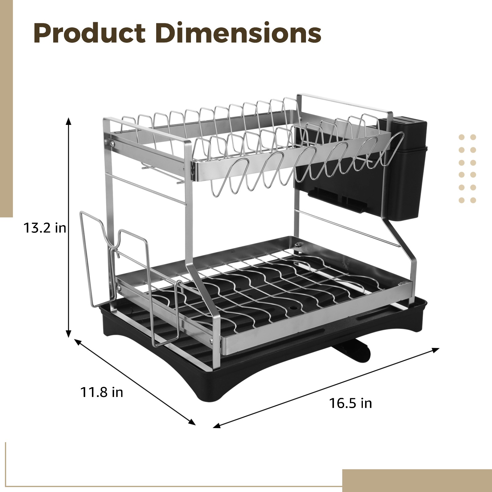 2 Tier Dish Drying Rack 304 Stainless Steel, Large Capacity Dish Rack with Drainboard and Utensil Holder, Cup Holder, Cutting Board Holder, 16.5 x 11.8 x 13.2 in