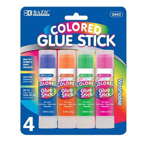 Bazic 2043 8g / 0.28 Oz Washable Colored Glue Stick (4/Pack) Case of 24