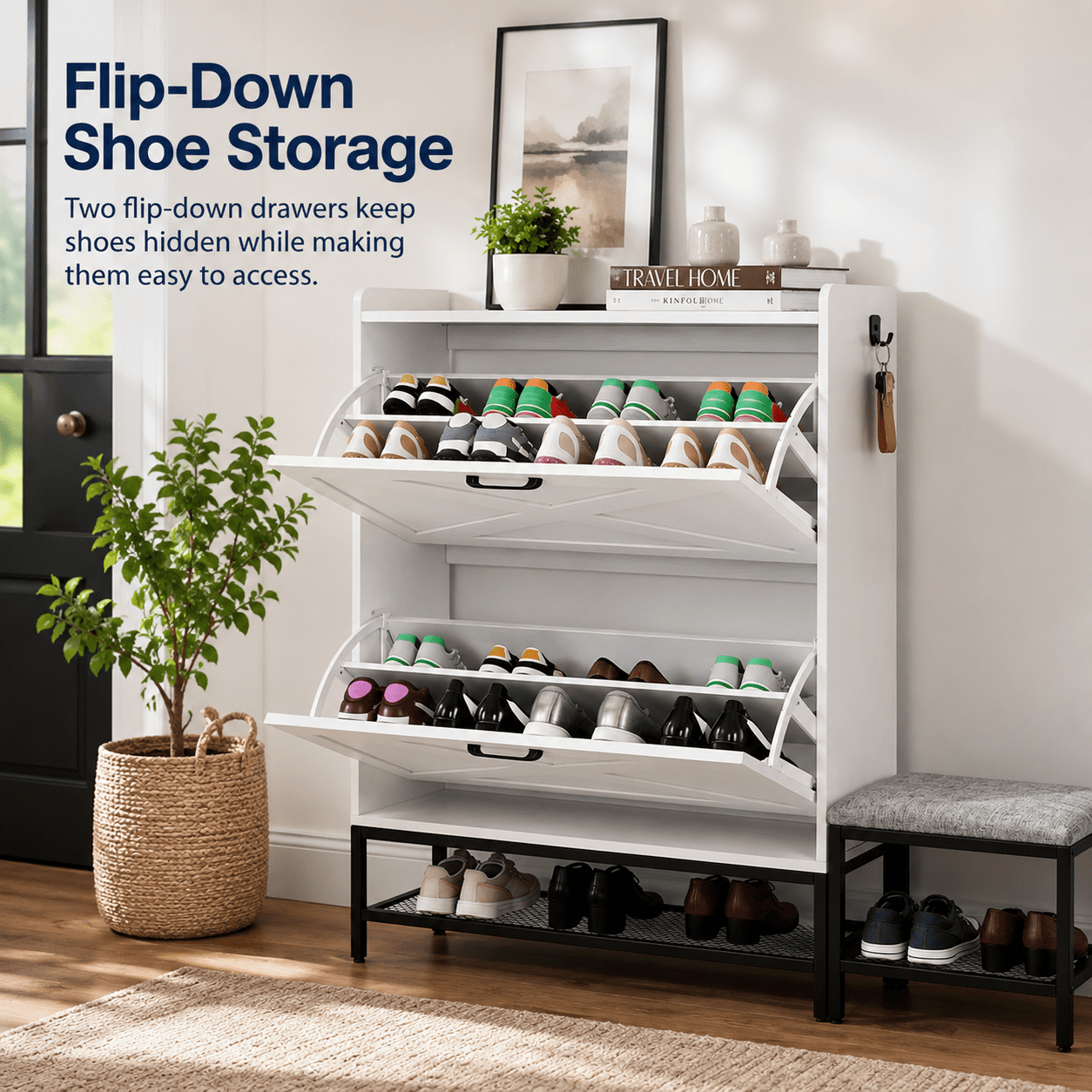 Alvantor Shoe Cabinet with Bench, 2 Flip-Down Drawers, Holds 10-14 Pairs, 39.4" W, White