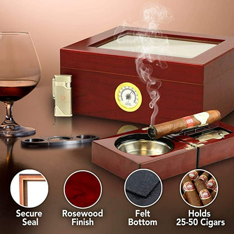 Visol Santa Clara Glass Top with Rosewood Finish Cigar Humidor - Holds 50 Cigars
