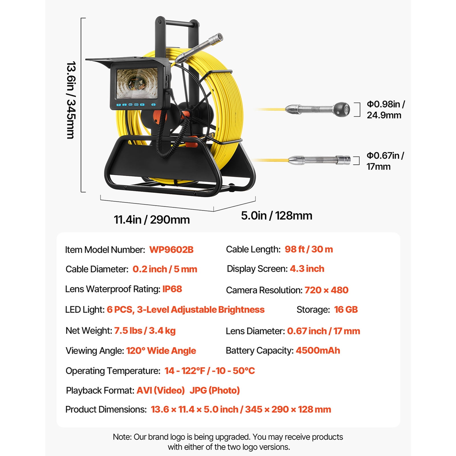 KFFKFF Sewer Inspection Camera, 98 ft/30m, 4.3" Display Drain Camera, IP68 Waterproof Plumbing Tool with 6 Adjustable LEDs, 4500mAh Battery & 16GB Storage for Pipe and Duct Inspections
