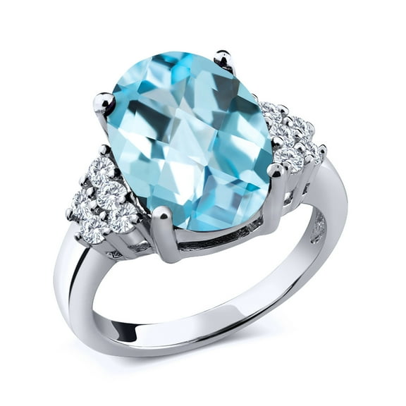 Gem Stone King 7.58 Ct Oval Checkerboard Sky Blue Topaz E-F Lab Grown Diamond 925 Sterling Silver Ring (Size 8)