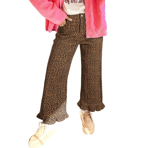 TinyCribz Chic Leopard Wide Leg Pants, Ruffle Hem Women's Jeans 16
